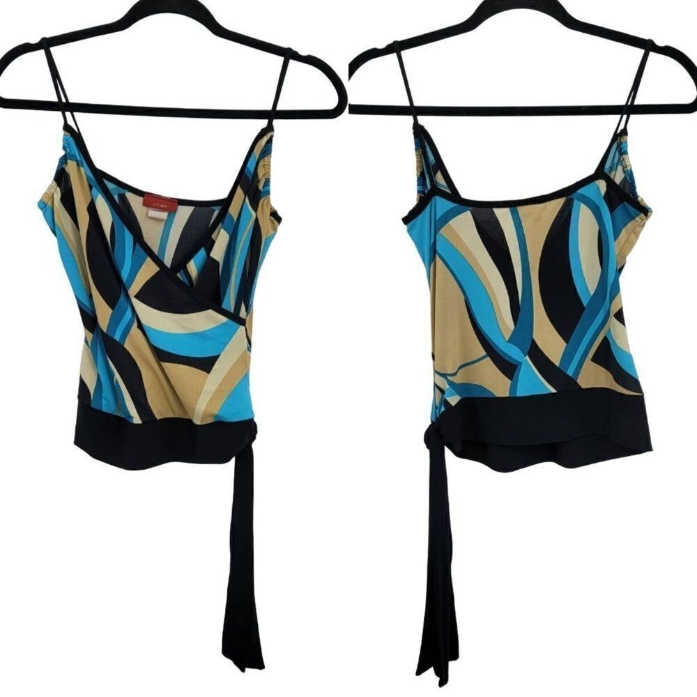 Vtg 90s Retro 70s Strappy Mock Wrap‎ Tank Top Sz M Teal Swirl Disco Mod Hippie